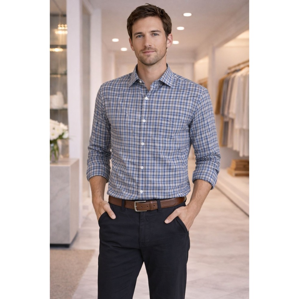 BILLY REID Stardard Cut Plaid Check Button Down Shirt Men's Blue Gray MEDIUM
